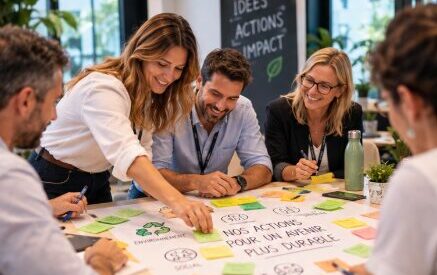 Collaborateurs réfléchissant à des actions RSE concrètes en équipe