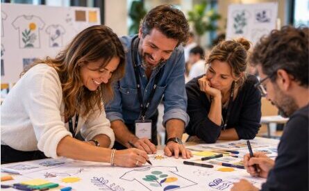 Collaborateurs imaginant un design pour un atelier de personnalisation textile